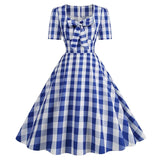 Pink Plaid Party Dresses Women Elegant Vintage Square Collar Short Sleeve Casual Summer Dress