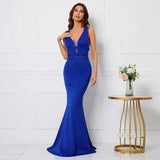 Sexy V Neck Beading Party Maxi Dress Blue Color See Through Long Evening Prom Dress