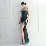 Off Shoulder Feather Long Sexy Slit Sequin Dress Floor Length Green Color Evening Party Maxi Celebrity Dress