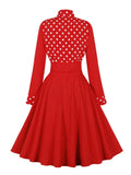 Bow Neck Button Up Polka Dot Red Elegant Dress Autumn Winter Clothes Women Long Sleeve Belted Pinup Vintage Dresses