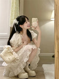 Elegant Sweet White Korean Mini Princess Summer Retro Square Collar Cascading Ruffles Puff Sleeve Fluffy Dress