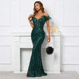 Women Feather Long Prom Dress Off Shoulder Green Sequin Evening Dress Sexy Party Maxi Dress