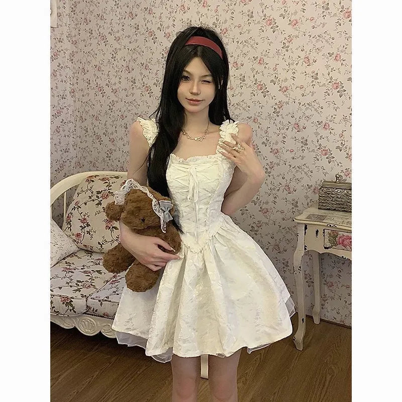 White Gothic Lolita Women Dress Elegant Vintage Fairy Princess Party Slip Korean Summer Dress