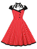 Women Pinup 1950s Vintage Polka Dot Dress Halter Cap Sleeve Button Front Evening Party Rockabilly Ladies Dresses