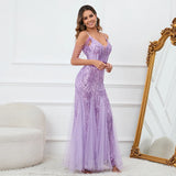 Women Purple Sequin Mesh Evening Dress Sexy Strap Beading Party Maxi Long Prom Dress