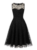 Sleeveless O-Neck Leaf Mesh A-Line Evening Elegant Black Dress Vintage Style Women Party Swing Dresses