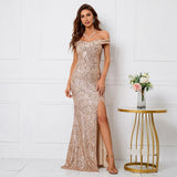 Women Sexy Slit Party Maxi Dress Off Shoulder Gold Sequin Evening Long Prom Dress