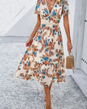 2024 Spring Summer Casual Holiday Floral Print Vintage Dress for Women Short Sleeve V Neck Midi Long Runway Flare Dresses