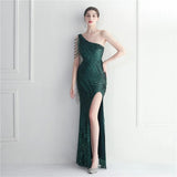 Sexy Slit Green Sequin Women One Shoulder Beading Long Evening Dress Party Maxi Dress