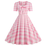 Pink Plaid Party Dresses Women Elegant Vintage Square Collar Short Sleeve Casual Summer Dress