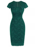 2024 Solid Green Lace Sheath Party Women's Dress Elegant Short Sleeve Bandage Retro Vintage1950s Office OL Wrap Pencil Dresses