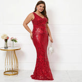 Plus Size Sexy V Neck Stretch Burgundy Sequin Evening Dress Elegant Sleeveless Party Maxi Dress Long Prom Dress