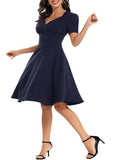 French Style Summer Casual Swing Women's Dress Elegant V Neck Solid 50s Pleated A Line Pinup Runway Short Cocktail Prom Dresses