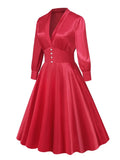 Red Elegant V-Neck Button High Waist Vintage Long Dresses for Women Long Sleeve Fall Clothing Evening Party Dress