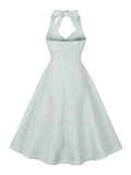 Halter V-Neck Green and White Plaid Textured Dresses Prom Women Cocktail Night Party Vintage Retro Backless Sexy Dress