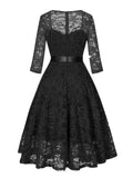 Sweetheart Neck Elegant Lace Long Swing Dress Women 3/4 Length Sleeve Belted Spring Autumn Vintage Ladies Midi Dresses