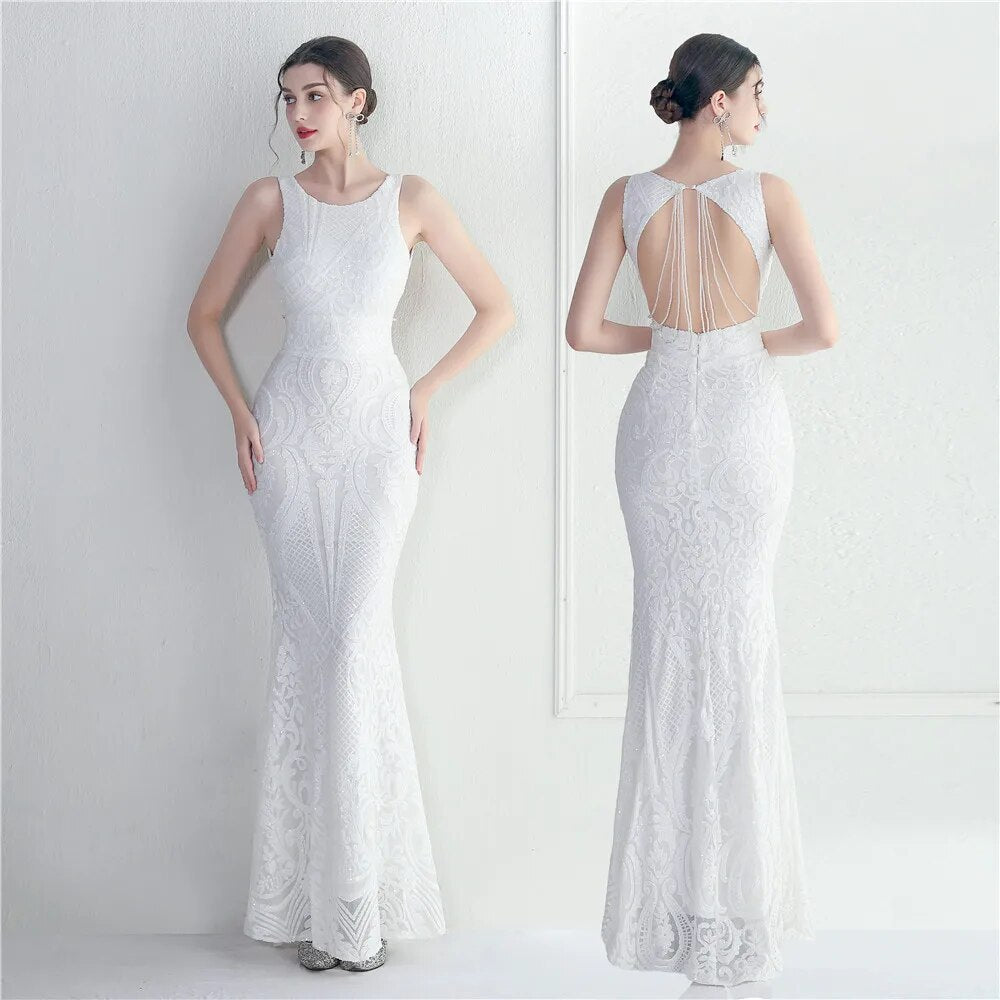 Backless Beading White Sequin Evening Dress New Women Party Maxi Dress Long Prom Dress