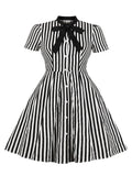 White and Black Stripes Bow Neck Cotton Rockabilly Dresses for Women Single Breasted Pockets Long Dress Vintage 4XL