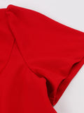 Vintage Retro Women Red Solid Dress Party Evening Elegant V-Neck Button Front Short Sleeve Summer Belted Swing Dress