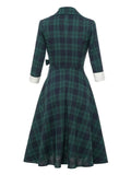 Notched Collar Green Plaid Vintage High Waist Dress Autumn Winter Women 3/4 Length Sleeve 1950S Rockabilly Midi Dresses