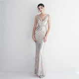 Women Beading Long Prom Dress Deep V Neck Gold Sequin Evening Dress Sexy Party Maxi Dress