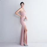 Sexy Slit Dress Women One Shoulder Soft Satin Pleat Beading Long Evening Dress Party Maxi Dress