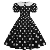 Elegant Women Summer Dress Puff Short Sleeve Polka Dot Peter pan Collar Vintage A-line Midi Long Party Sundress