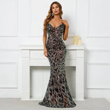 Women Sequin Dress Strap Beading Party Maxi Dress Sexy V Neck Evening Dress Long Prom Dress