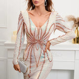 Stretch Gold Sequin Maxi Dress Full Sleeve V Neck Mermaid Evening Night Long Party Dress