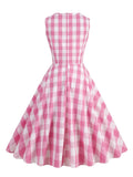 Pink Gingham Print O-Neck Sleeveless Summer Dresses for Women High Waist A Line Vintage Clothes Vacation Elegant Dress