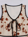 Bow V-Neck Floral Mesh Overlay Vintage Long Dresses Retro Clothes Contrast Binding Sleeveless Women Prom Elegant Dress