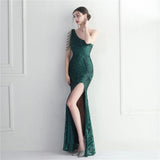 Sexy Slit Green Sequin Women One Shoulder Beading Long Evening Dress Party Maxi Dress