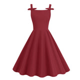1950's Style Sleeveless Swing Vintage Women's Elegant Bow Sling Sexy Office Runway Flare Tea Party Dress Solid Sundress