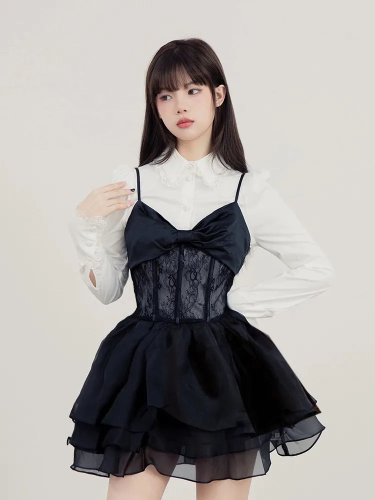 Lace Kawaii Lolita Mini Dress Set Punk Harajuku Aesthetic Black Goth K jetechband Lace Kawaii Lolita Mini Dress Set Punk Harajuku Aesthetic Black Goth K jetechband