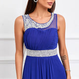 Women Blue Tulle Dress O Neck Beading Evening Dress Elegant Party Maxi Dress