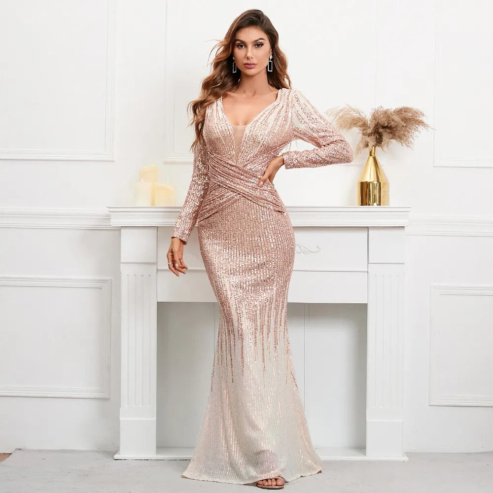 Stretch Gold Sequined Maxi Dress Full Sleeve V Neck Mermaid Evening Night Long Party Prom Dress
