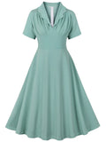 Green Elegant Hepburn Vintage A Line Swing Casual Women Dress Turn Down Collar Holiday Runway Tea Flare Party Evening Dresses