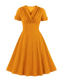 Ruched V Neck Wrap High Waist 1950S Vintage Green A Line Swing Dresses Women Summer Solid Elegant Party Midi Dress