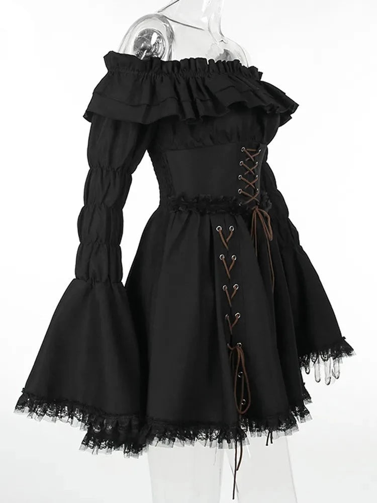 slash lace mini dress ASOS Design lace slash neck mini dress with pointed hem in Black