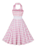 Pink Plaid Dress with Elastic Belt Women Halter Neck Backless 50s Vintage Cocktail Birthday Party Sexy Dresses