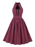 Pink and Black Plaid Sleeveless Pleated Rockabilly Dresses for Women Stand Collar Keyhole Knot Front Vintage Party Dress