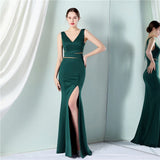 Green Backless Beading Evening Dress Women Sexy Slit V Neck Party Maxi Dress Long Prom Dress