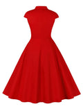 Red Solid Cotton Dresses for Women Turn-Down Collar Single Breasted Cap Sleeve Summer Plain Vintage Clothes