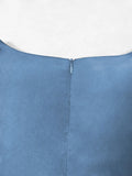 Square Neck High Waist Vintage Blue Pleated Dresses Ruffle Sleeve Elegant Women Spring Summer Long Dress