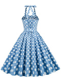 Halter Neck 50s Pin Up Polka Dot Vintage Corset Dress Elegant Backless Party Sexy Robe Women Fit and Flare Pocket Dresses