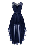 O-Neck Elegant Lace and Chiffon High Low Hem Evening Party Maxi Dresses Women High Waist Vintage Birthday Dress