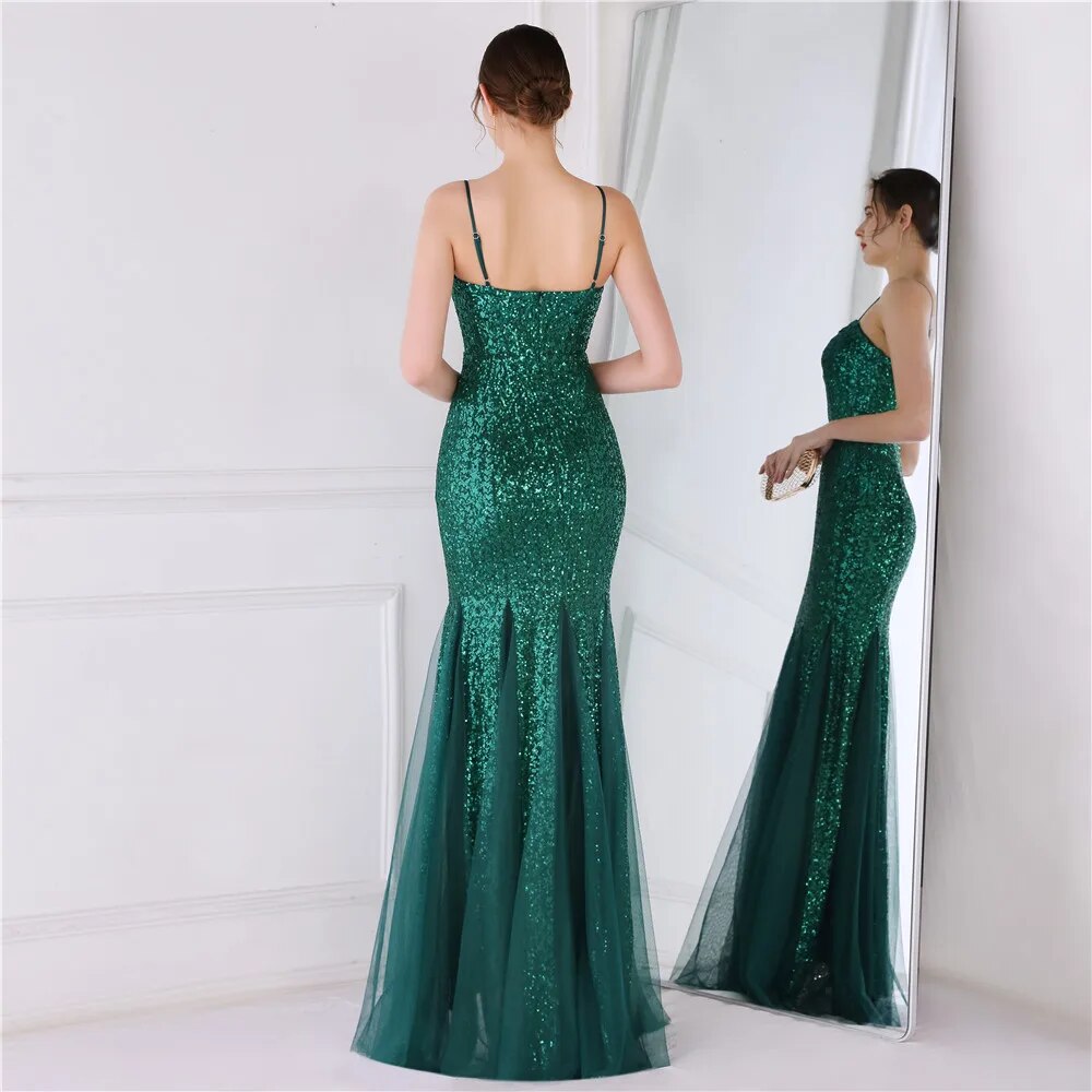 Sexy Strap Green Sequin Evening Dress Women's Party Maxi Dress Long Prom Dress