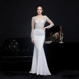 White Long V-neck Appliques Full Sleeve Evening Dress See through Elegant Wedding Dress