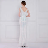 Women White Beading Long Evening Dress Deep V Neck Sequin Prom Sexy Party Maxi Dress