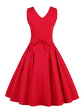 Red Pleated Plain Solid Vintage Dress Women Wrap V-Neck Belted Elegant Party Retro Cotton Summer Dresses